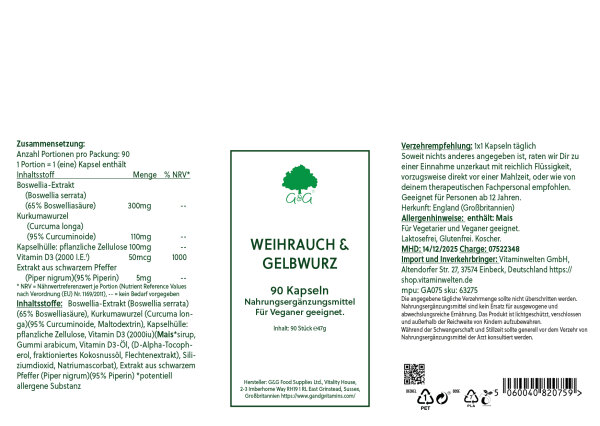 G&G Vitamins Boswellia  & Turmeric (Weihrauch & Gelbwurz) 90 veg. Kapseln (vegan)