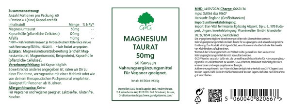 G&G Vitamins Magnesium Taurate 50mg 60 veg. Kapseln (43,5g) (vegan)