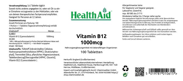 (2er Bundle) HealthAid Vitamin B12 (Cyanocobalamin) 1000µg 100 veg. Tabletten S/R (vegan) | 2x100 Tabletten