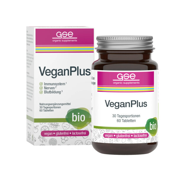 GSE VeganPlus Bio - Nahrungsergänzungsmittel für Veganerinnen & Veganer - Vitamine B12 & D3, Eisen, Jod, Calcium - Komplex rein pflanzlich, Bi