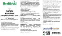 HealthAid Chromium Picolinate 200mcg (Chrompicolinat) zur Aufrechterhaltung eines normalen Blutzuckerspiegels 60 Tabletten (vegan)