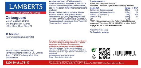 Lamberts OSTEOGUARD®  Für normale Knochen- und Muskelfunktion mit Kalzium Magnesium, Bor, D3 und K1 90 Tabletten