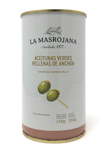 La Masrojana Grüne Manzanilla-Oliven gefüllt mit Anchovis 150g Dose