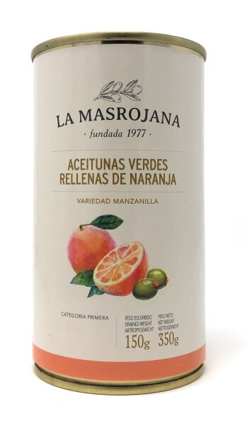 La Masrojana Grüne Manzanilla-Oliven gefüllt mit Orange 150g Dose