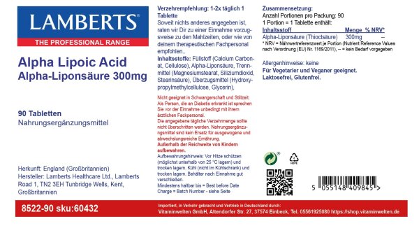 Lamberts Healthcare Ltd. Alpha Lipoic Acid 300mg [Alpha-Liponsäure] 90 Tabletten